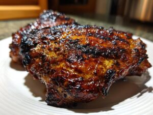 Close-up of a perfectly grilled piece of Jamaican jerk chicken with a dark, caramelized, and glossy glaze.