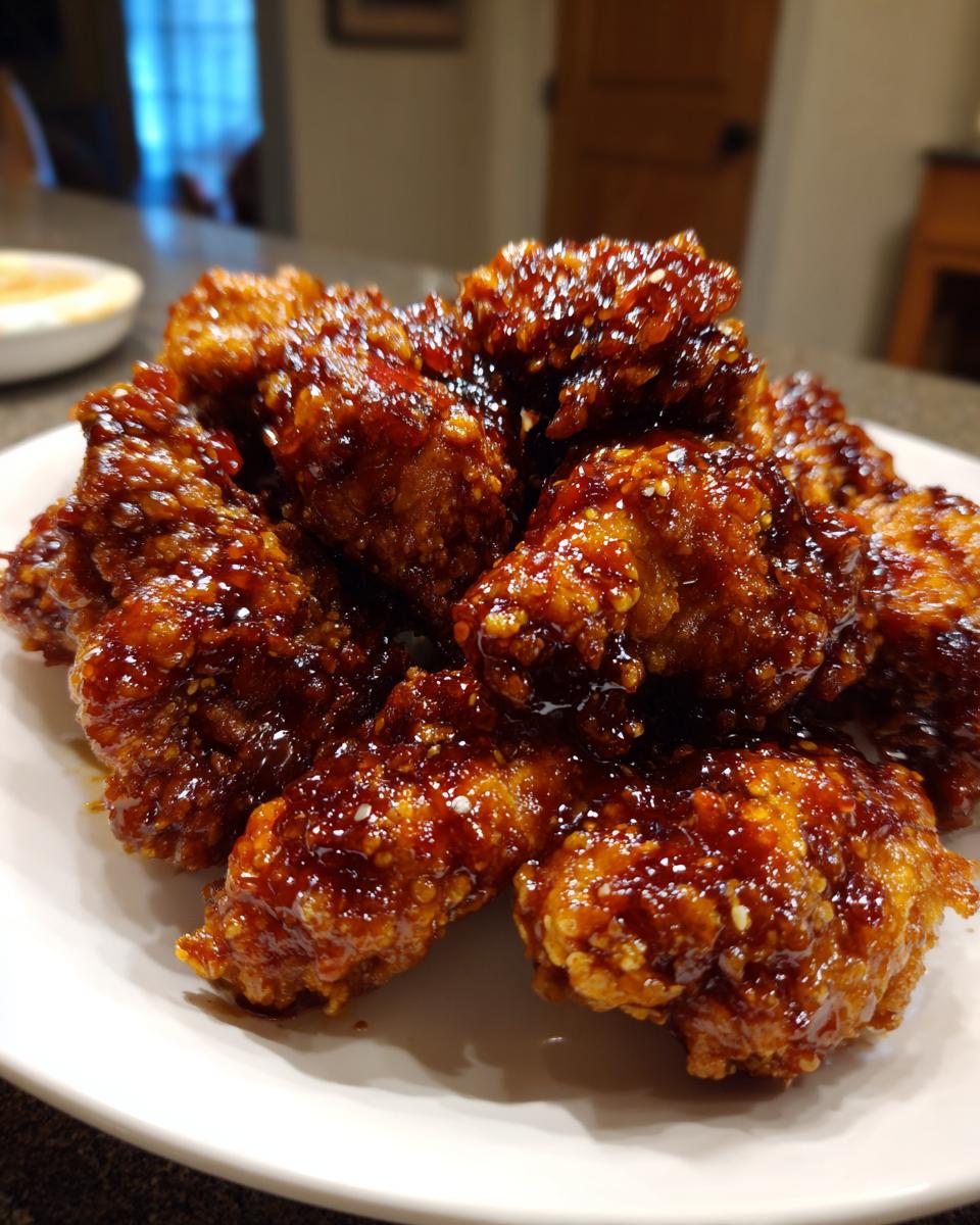Close-up of crispy, saucy korean fried chicken pieces coated in a dark, glossy glaze, served on a white plate.
