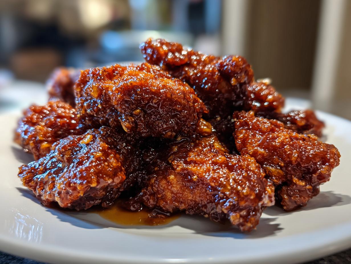 A pile of crispy, dark, and glossy korean fried chicken pieces coated in a spicy-sweet sauce.