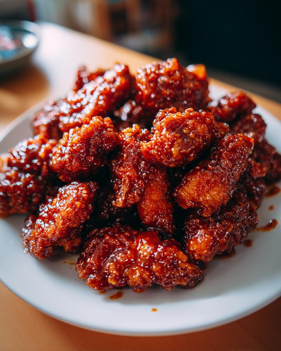 A close-up of crispy, saucy korean fried chicken pieces piled high on a white plate.