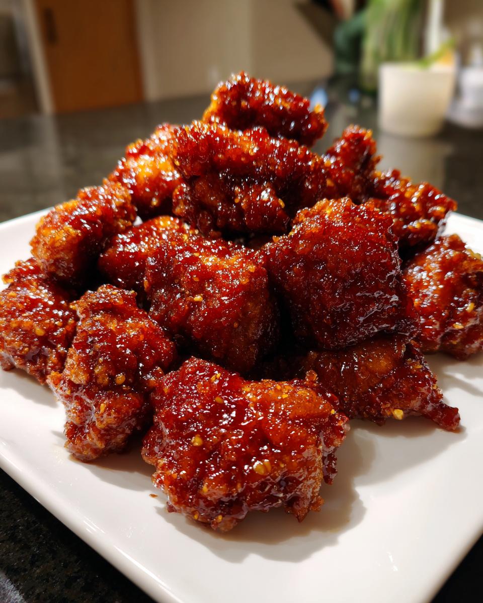 A pile of crispy, glazed korean fried chicken pieces coated in a thick, shiny, dark red sauce.