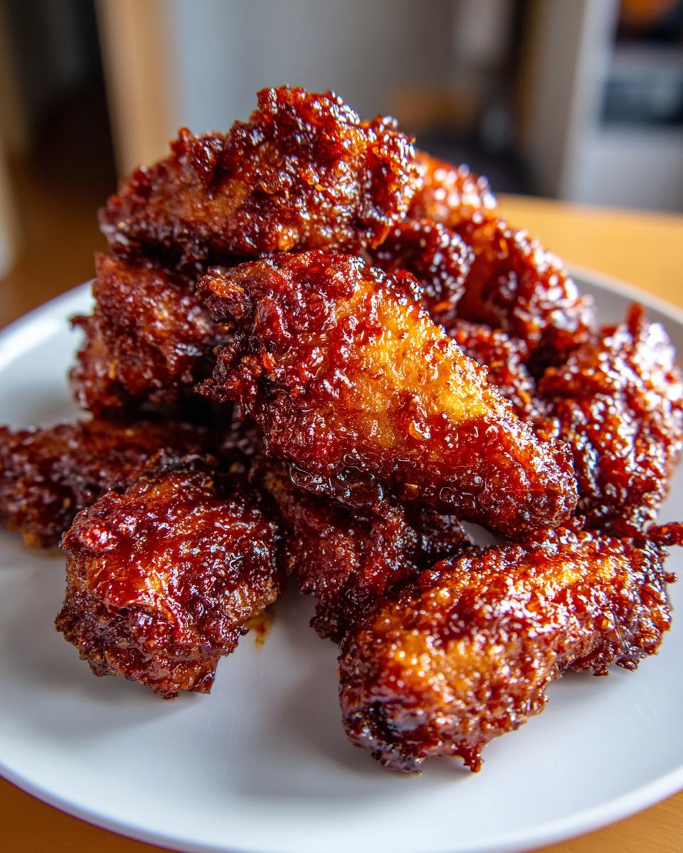 A close-up of a pile of crispy, glazed korean fried chicken wings coated in a dark, sticky sauce.