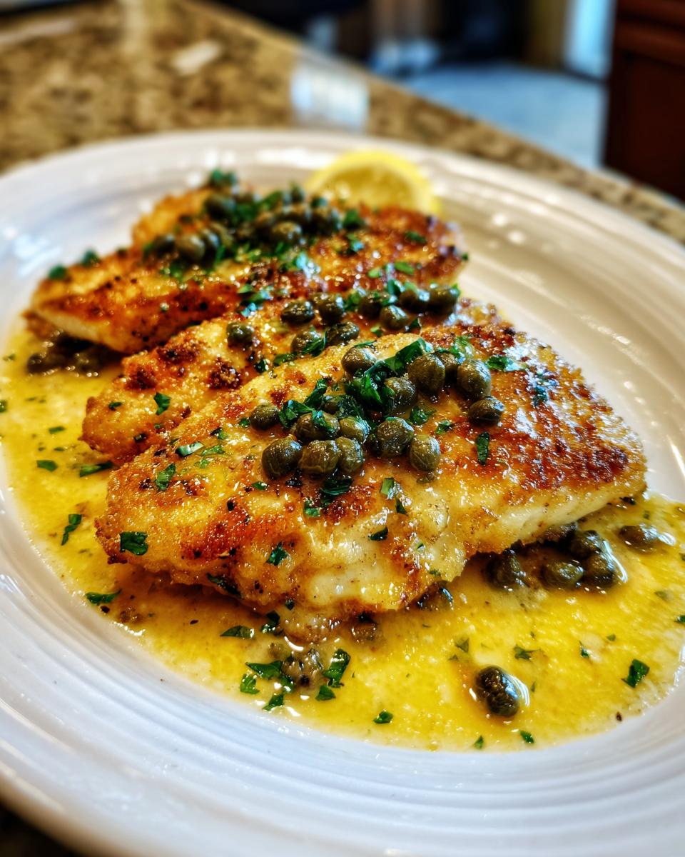 Two golden-brown pan-seared chicken piccata fillets covered in a bright lemon-butter sauce, capers, and fresh parsley.