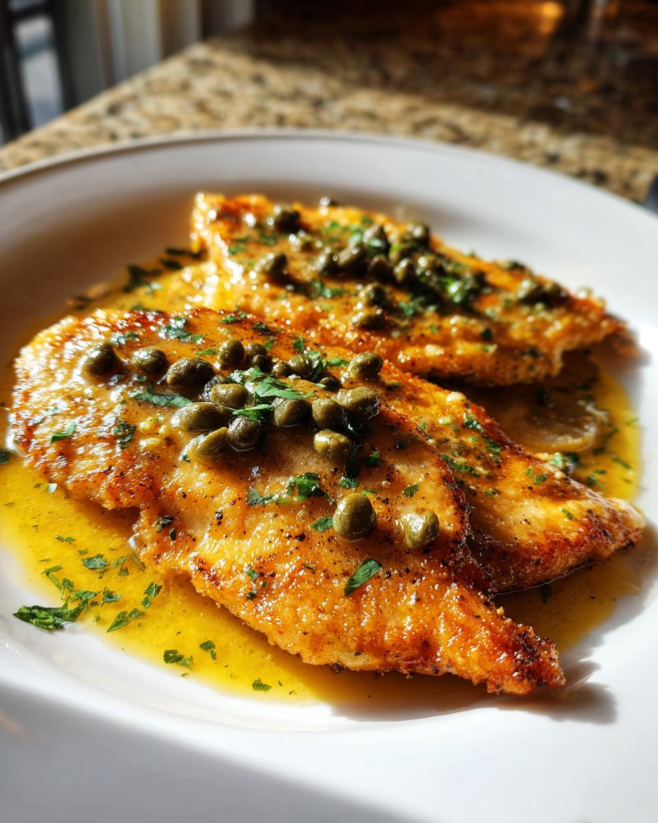 Two golden-brown fillets of chicken piccata swimming in a bright lemon-butter sauce, topped generously with capers and fresh parsley.