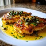 Two golden-brown pan-seared chicken piccata fillets covered in a bright lemon-butter sauce, capers, and fresh parsley.