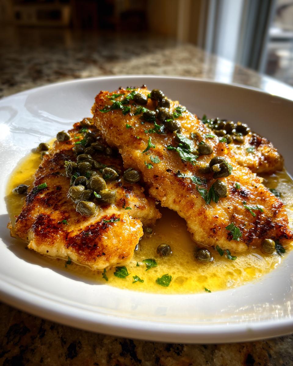 Two golden-brown fillets of chicken piccata swimming in a bright lemon butter sauce, topped generously with capers and fresh parsley.