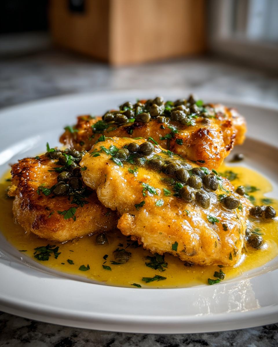 Three pieces of golden-brown chicken piccata smothered in a bright lemon-butter sauce and topped generously with capers and parsley.