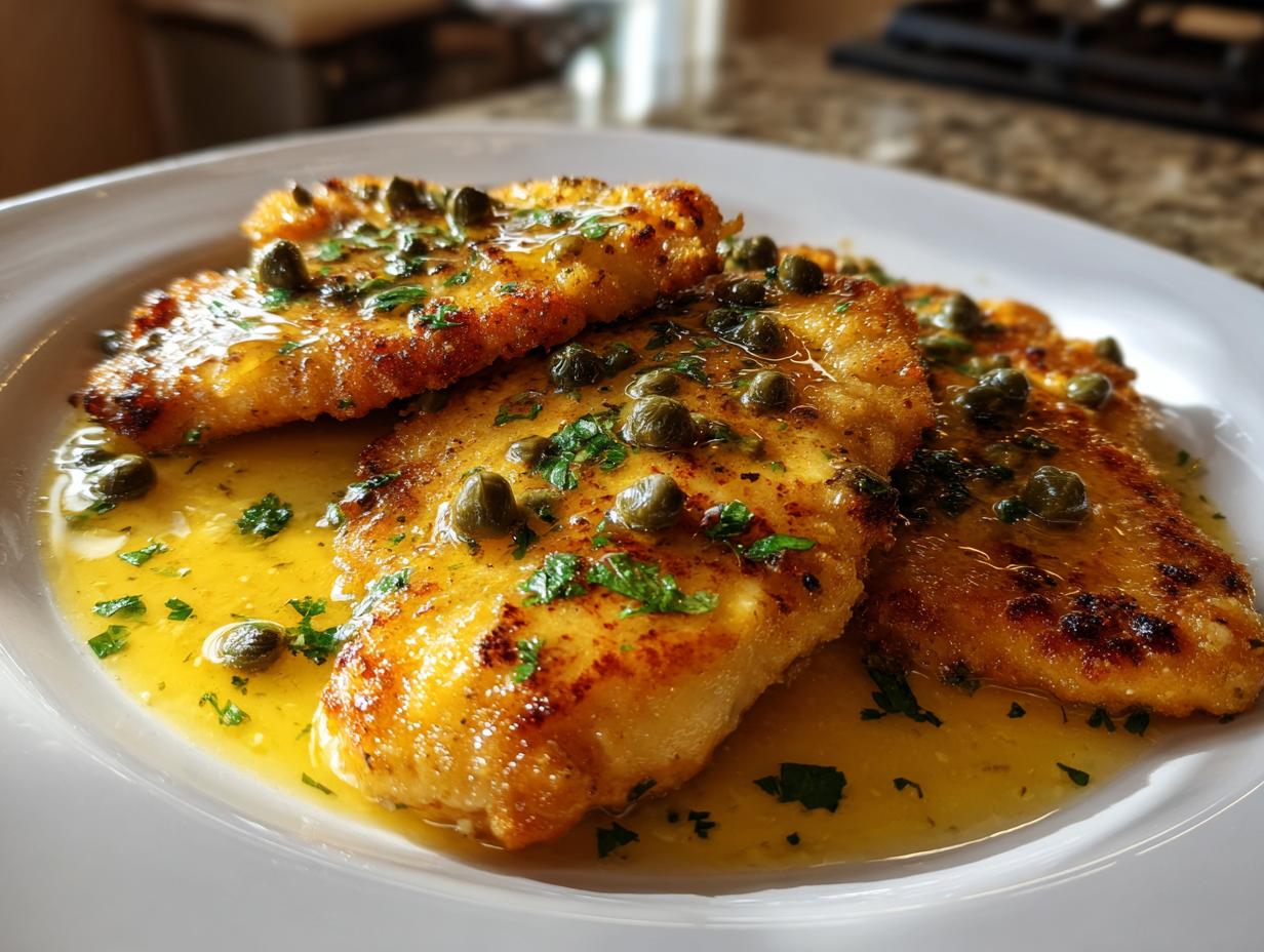 Three golden-brown fillets of chicken piccata smothered in a bright lemon butter sauce and topped with capers and parsley.