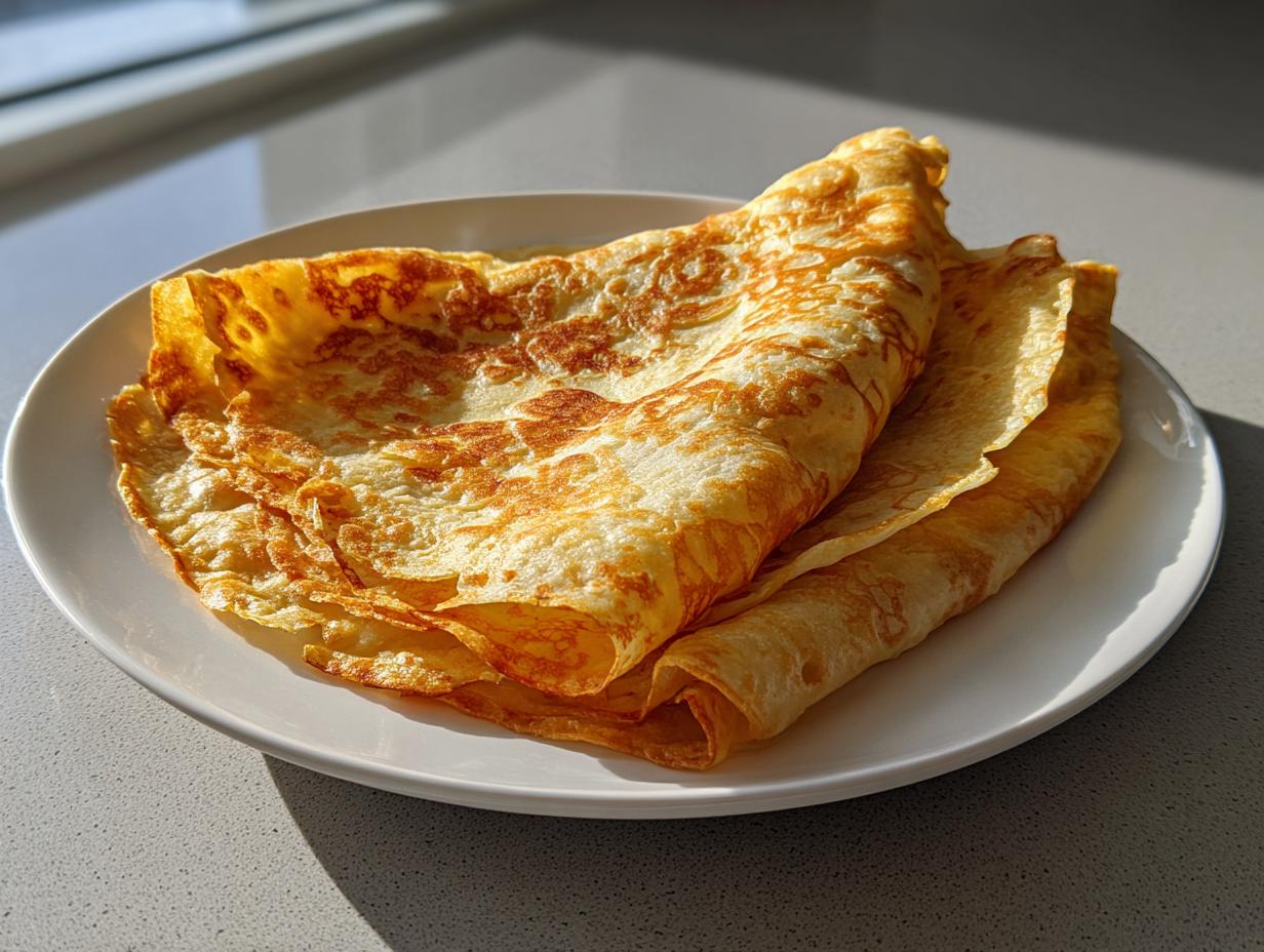 Three folded, golden-brown crepes, likely the base for a cottage cheese wrap, stacked on a white plate in bright sunlight.