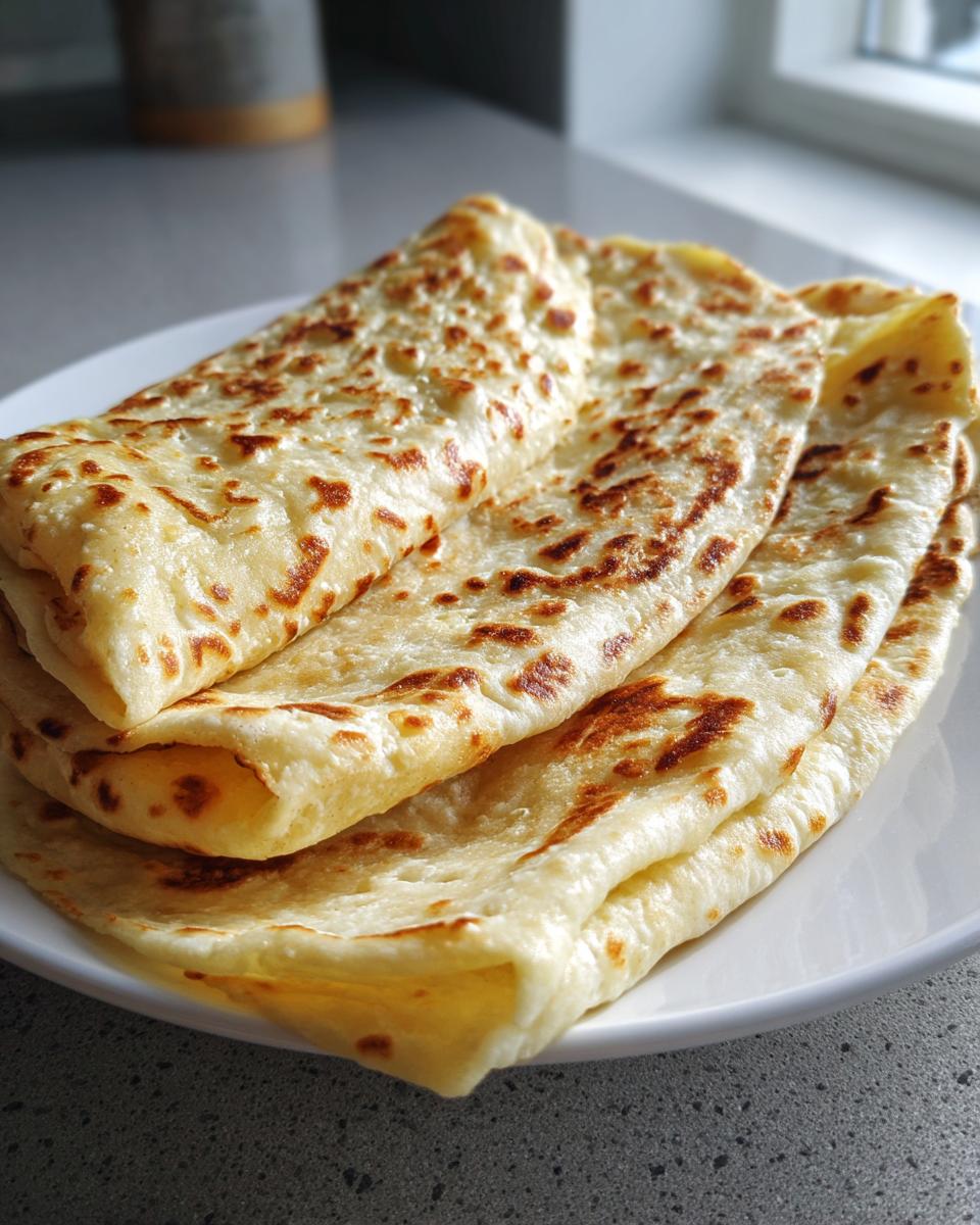 A stack of golden brown, folded cottage cheese wrap flatbreads with slightly browned spots on a white plate.