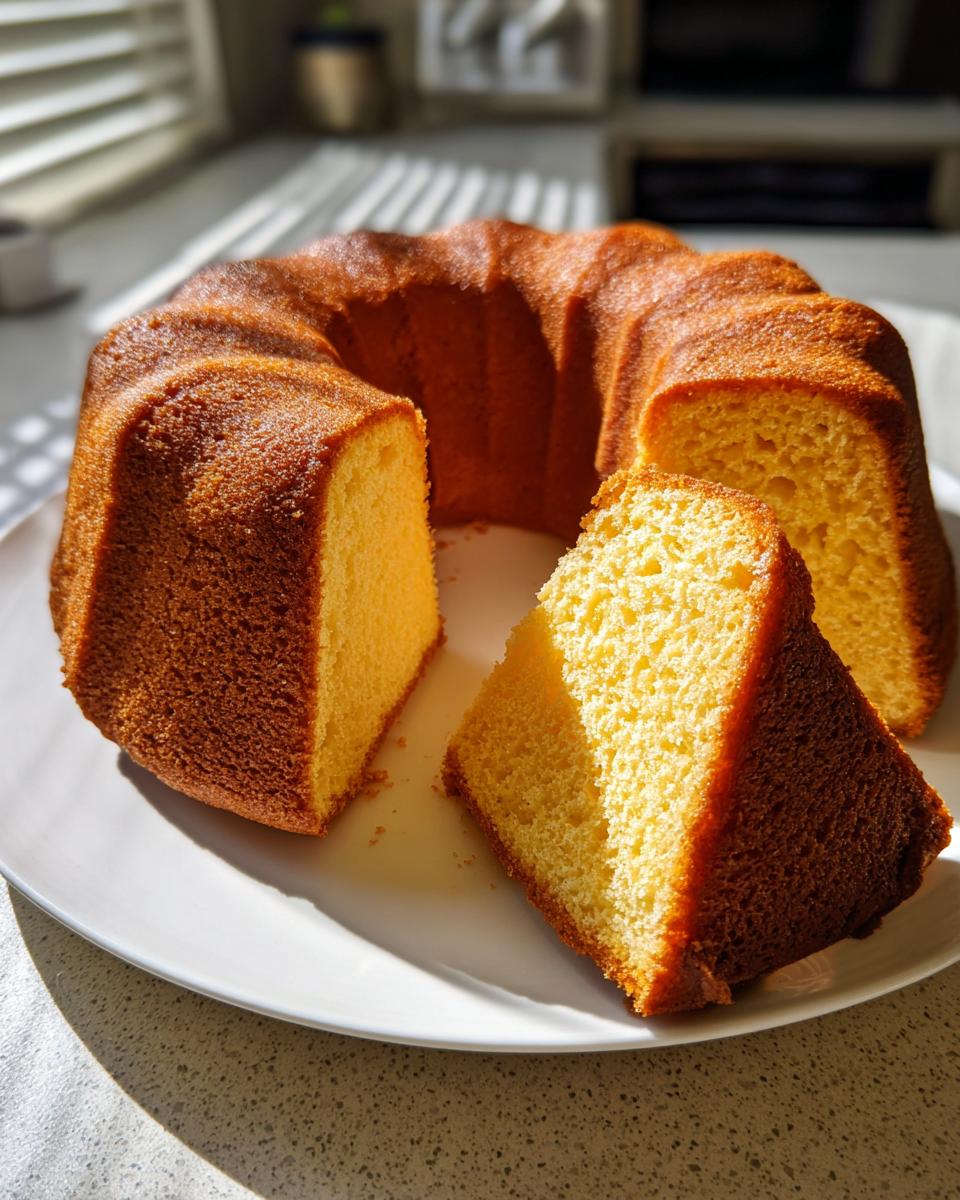 A golden brown cream cheese pound cake in a bundt pan shape, with one slice cut and leaning against the main cake.