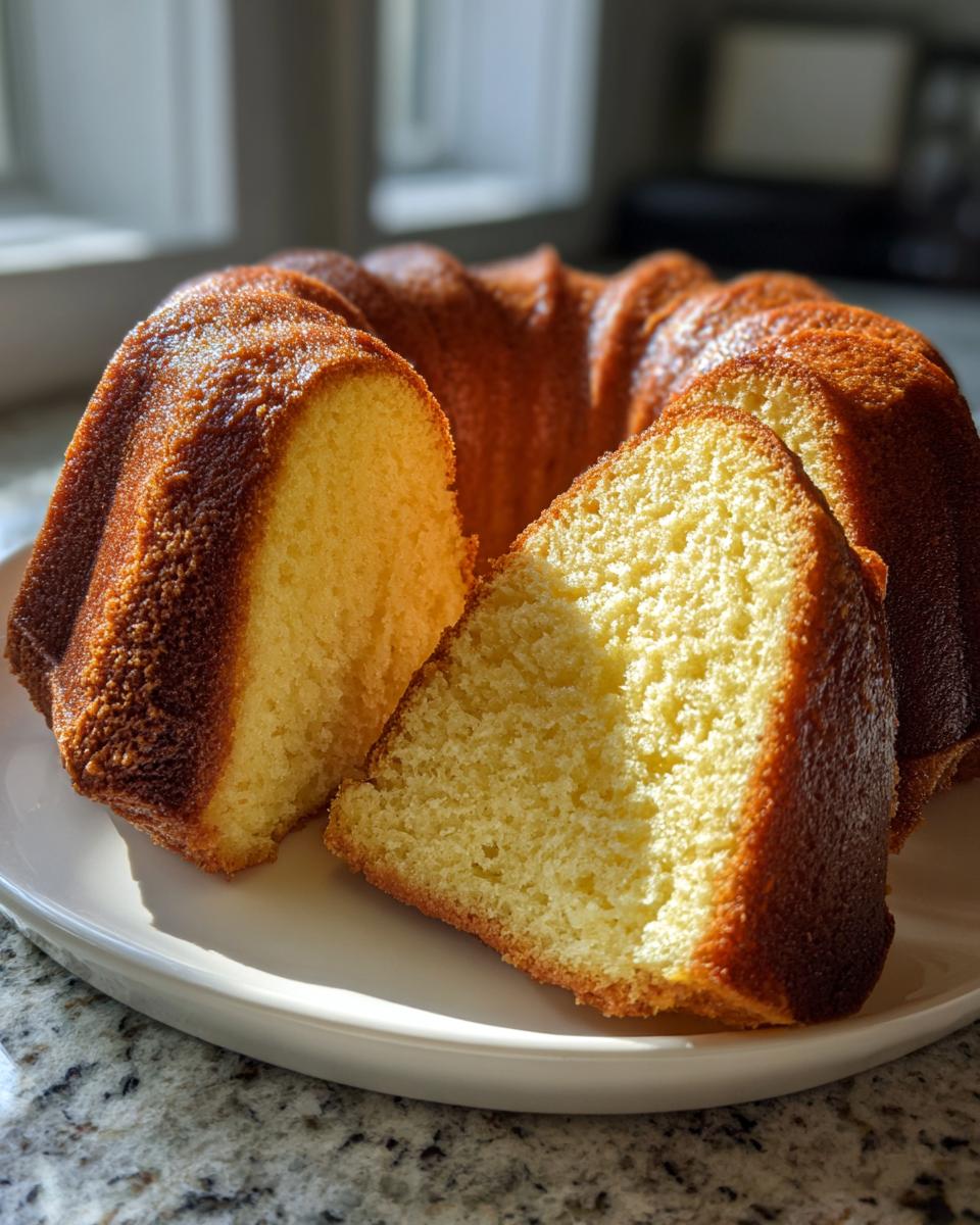 A golden brown cream cheese pound cake with one slice cut and resting against the main cake on a white plate.