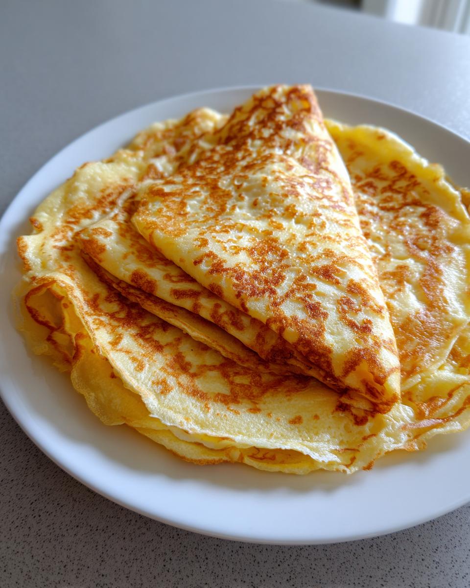 Stack of golden, thin crepes ready to be used as a cottage cheese wrap.