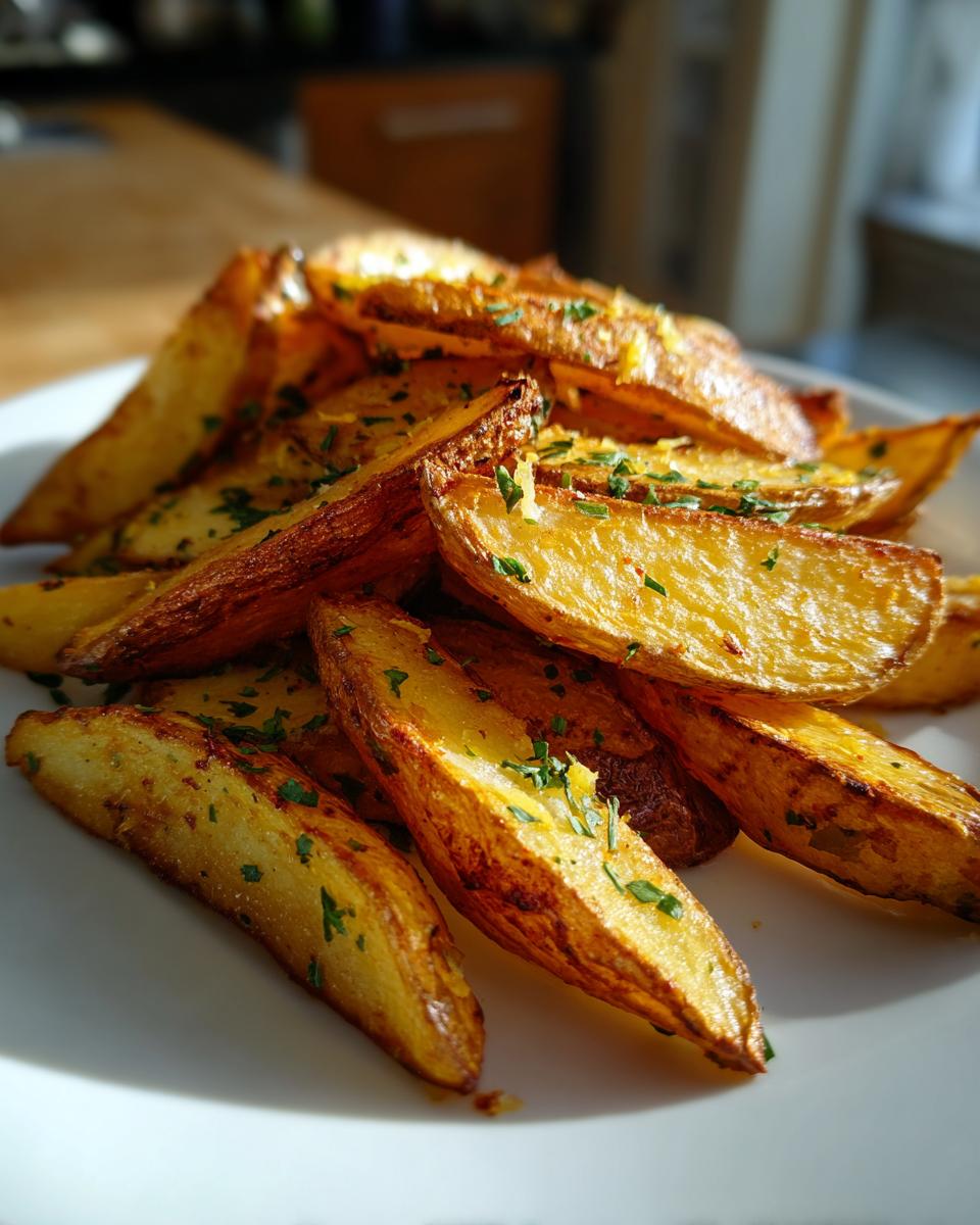 Close-up of perfectly roasted mediterranean potato wedges sprinkled with fresh green herbs.