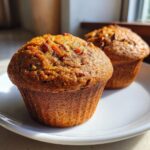 Close-up of two freshly baked, golden brown morning glory muffins sitting on a white plate, illuminated by natural light.