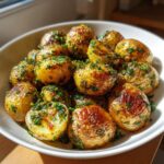 A white bowl filled with golden, roasted potato salad tossed in a bright green herb dressing.