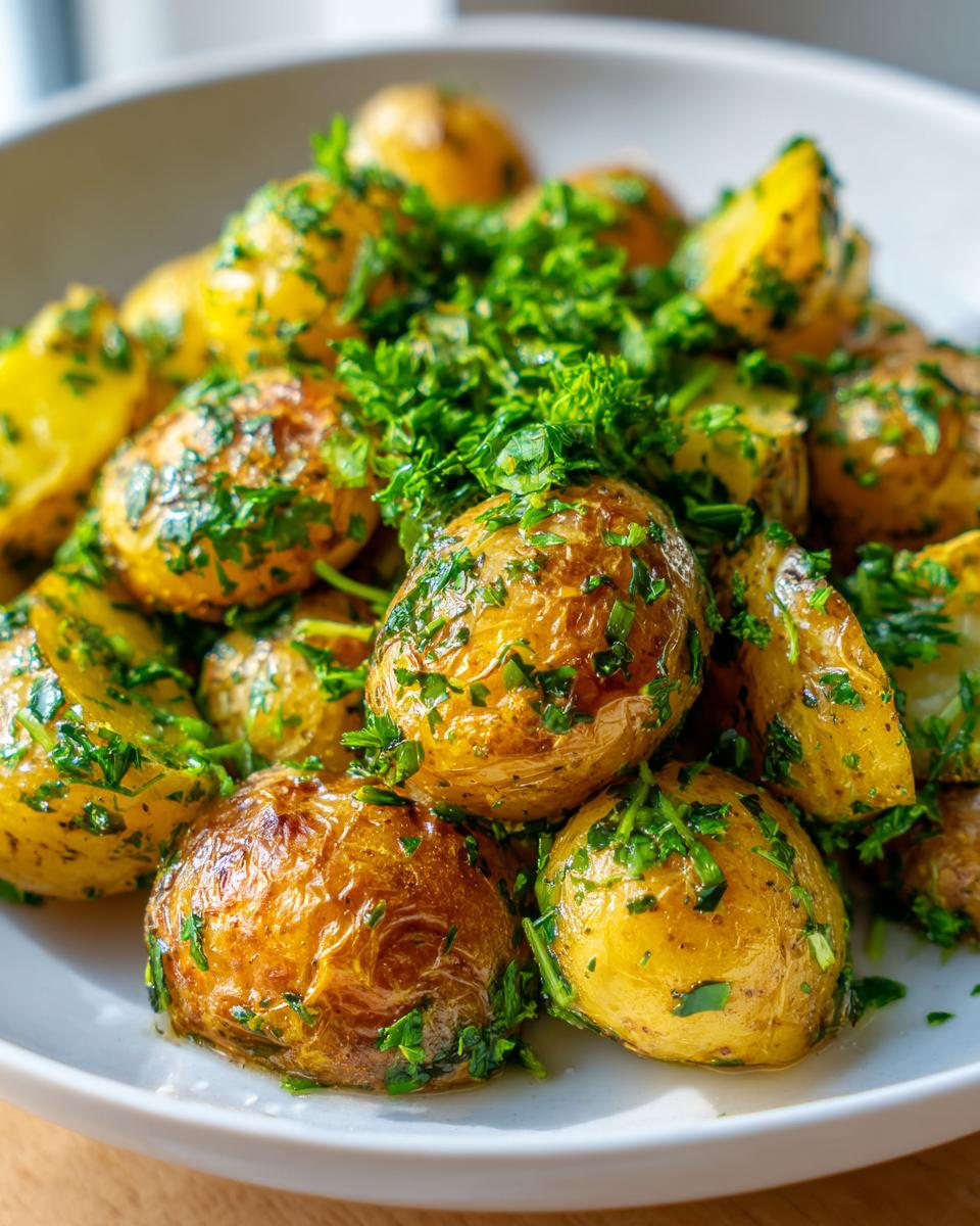Close-up of golden brown roasted potato salad pieces tossed in herbs and parsley.