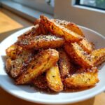 A close-up of crispy, golden brown potato wedges generously topped with grated cheese and herbs.