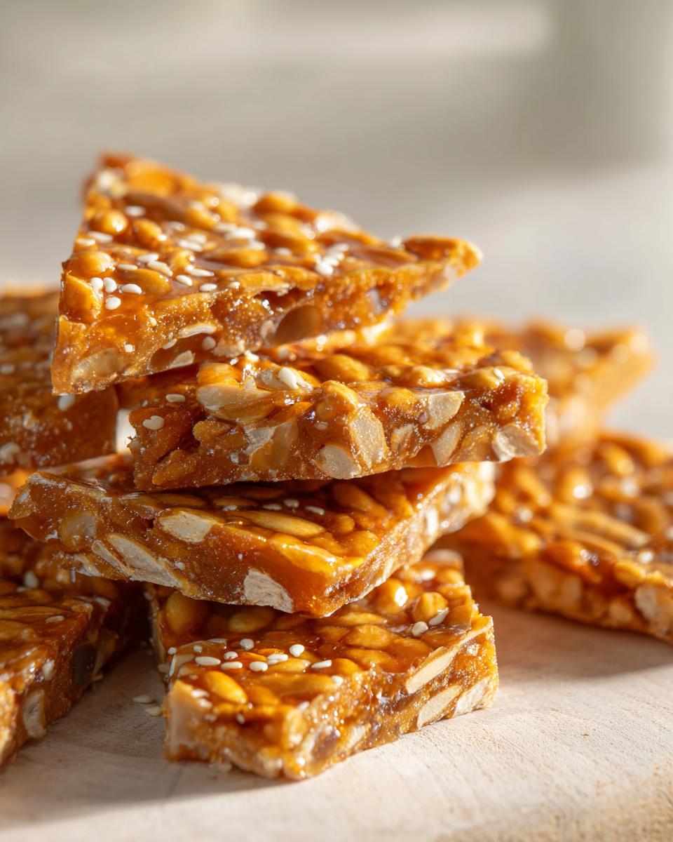 Close-up of stacked, golden pieces of homemade seed brittle, featuring visible seeds and sesame topping.