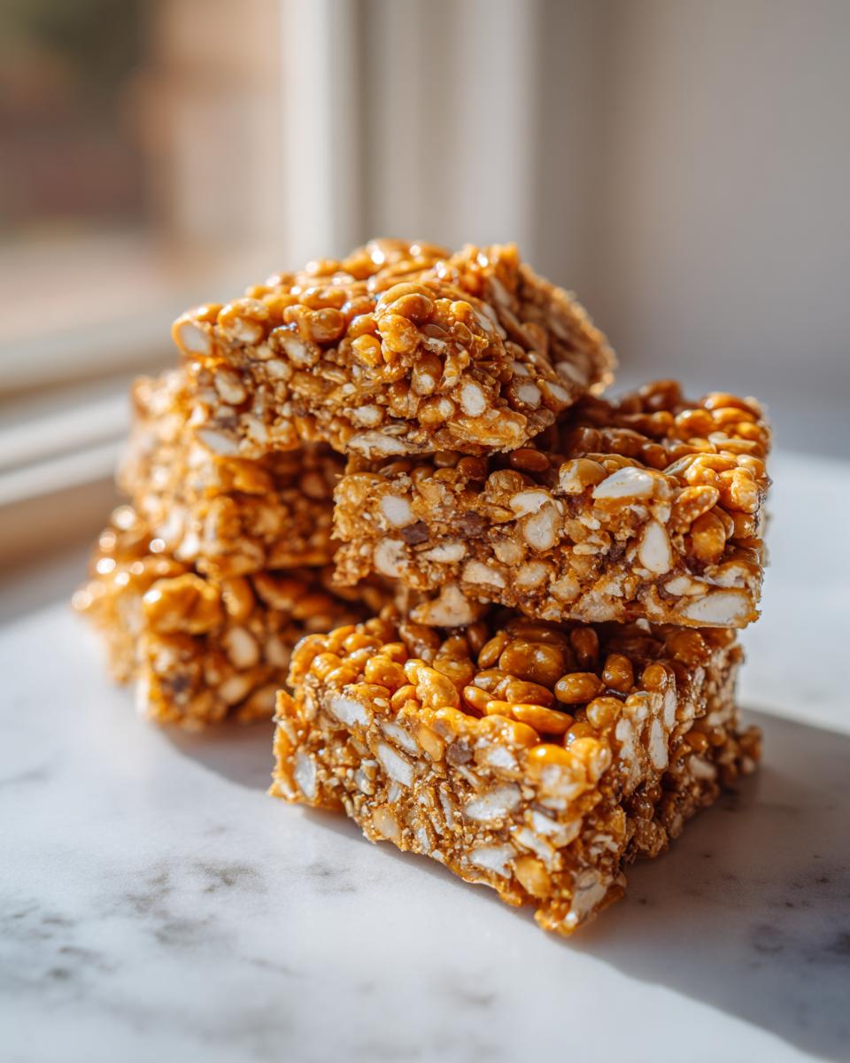 A stack of homemade, golden brown seed brittle squares resting on a white marble surface.