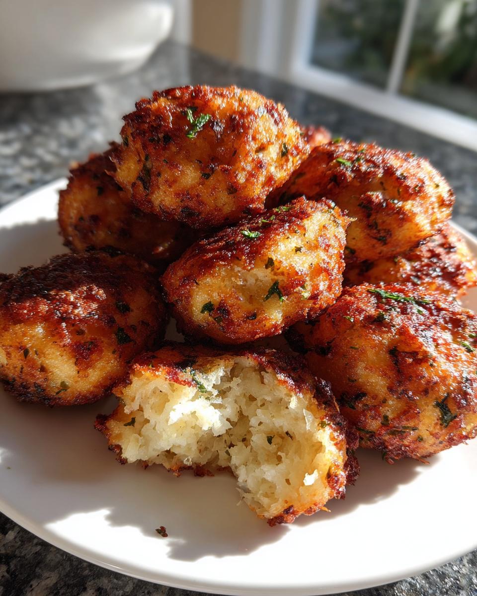 A pile of golden brown, crispy stuffing balls served on a white plate, one is broken open showing the soft interior.