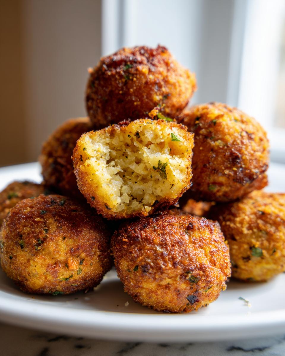 A stack of golden brown, crispy stuffing balls, with one cut open showing the herby interior texture.