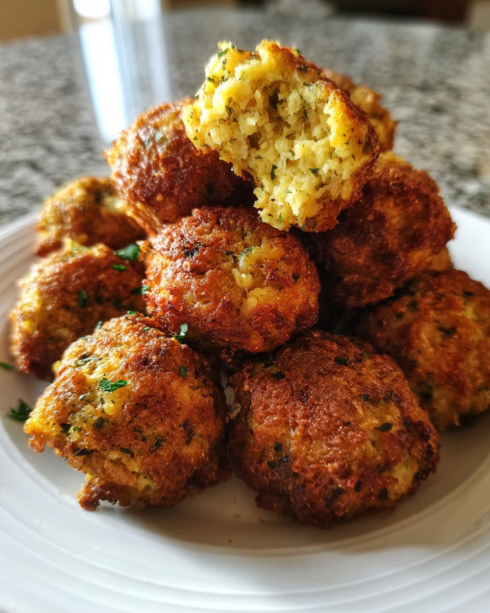 A close-up of a stack of golden brown, crispy stuffing balls, one broken open showing the fluffy interior.