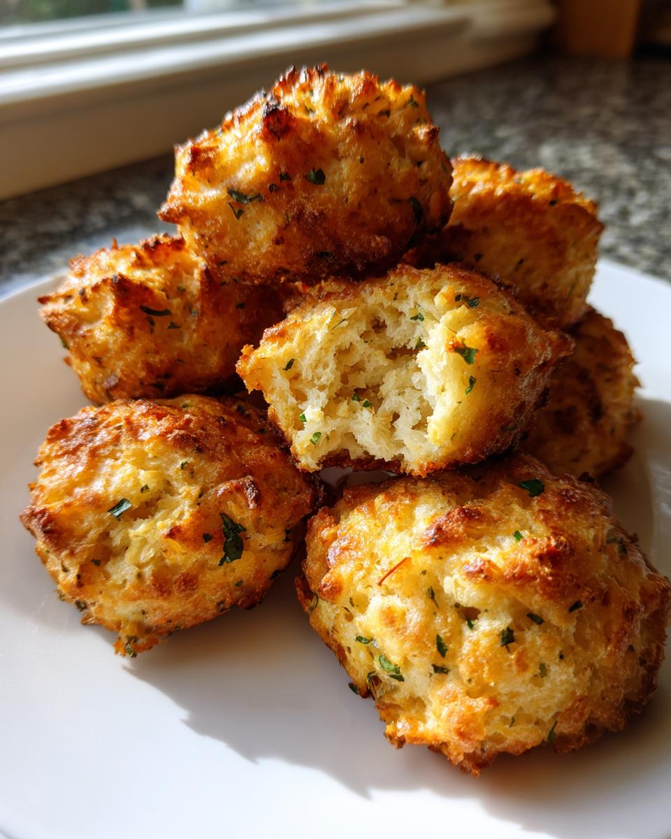 A stack of golden brown, savory stuffing balls, one broken open to show the fluffy interior.