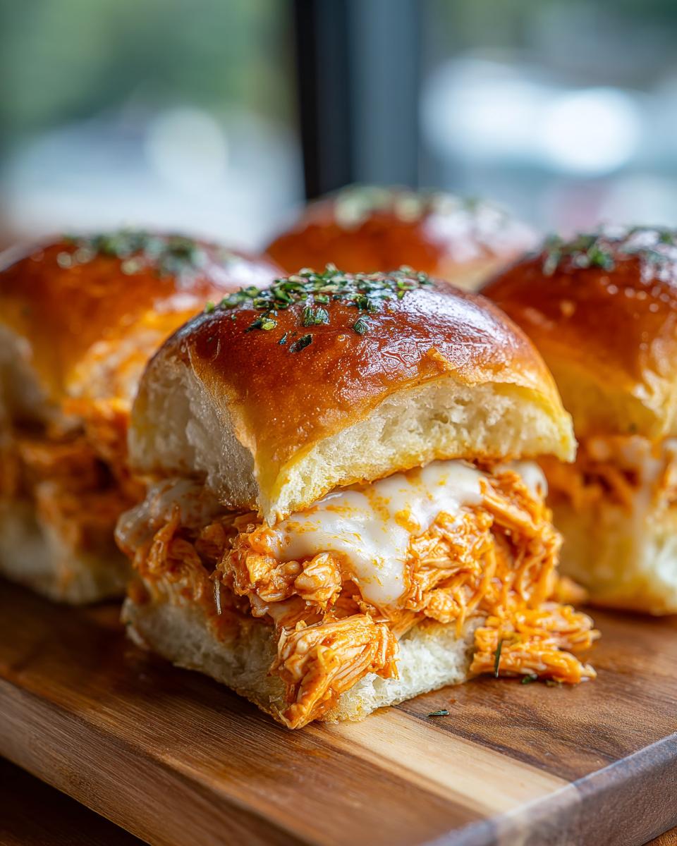 Close-up of gooey buffalo chicken sliders filled with shredded chicken and melted white cheese, topped with herbs.