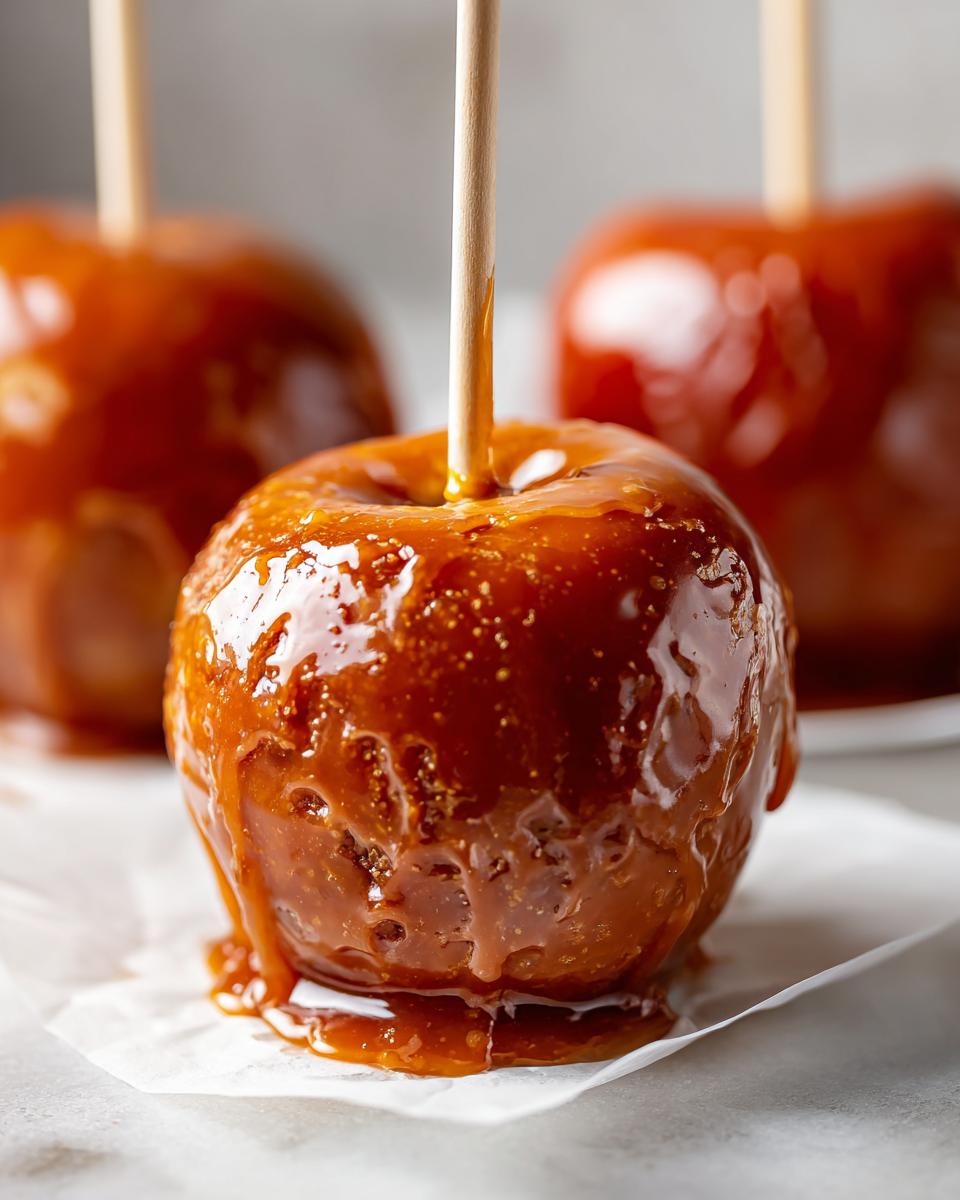Close-up of a perfectly coated, gooey caramel apple on a wooden stick, with more caramel apples blurred in the background.