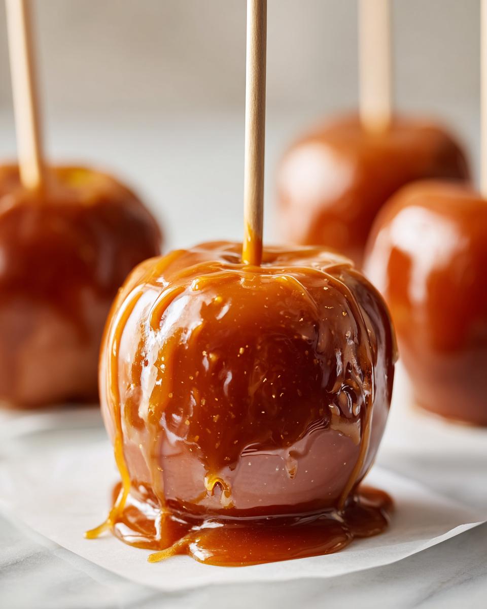 Close-up of a perfectly coated, gooey caramel apple on a wooden stick, dripping caramel.