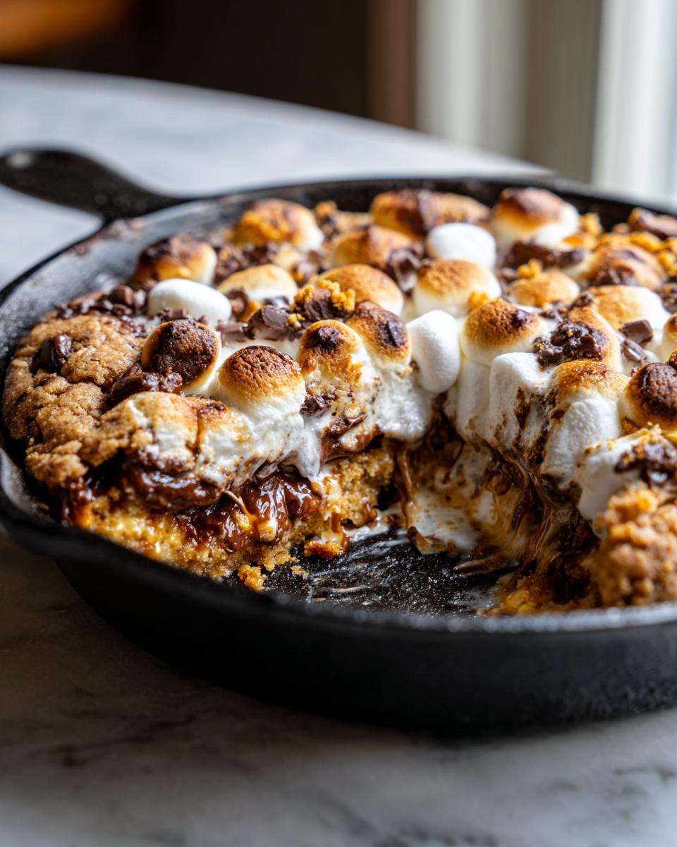A serving has been taken out of a gooey skillet s'mores cookie, revealing melted chocolate and toasted marshmallows.