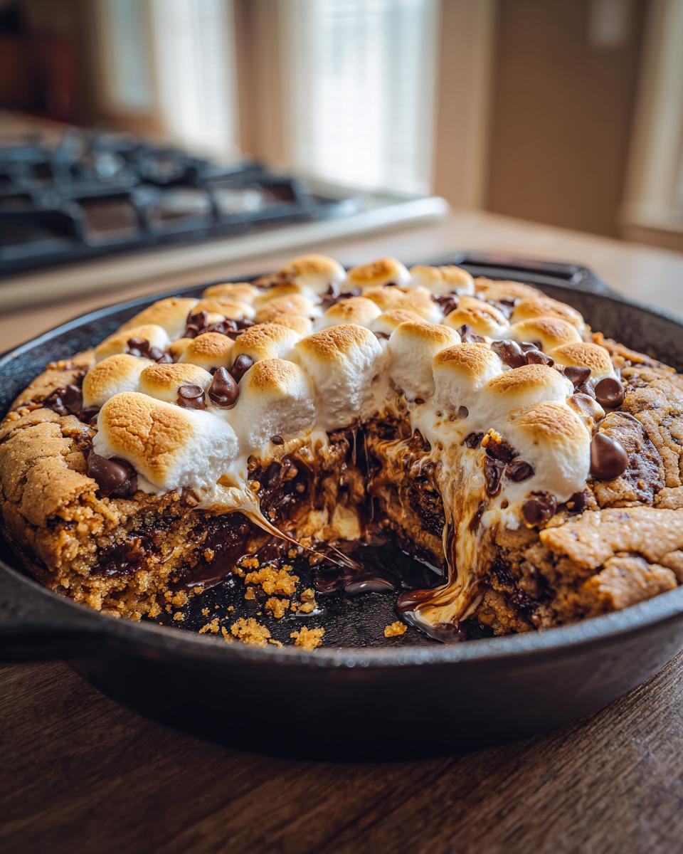 A large, warm gooey skillet s'mores cookie with melted chocolate and toasted marshmallows being pulled apart.