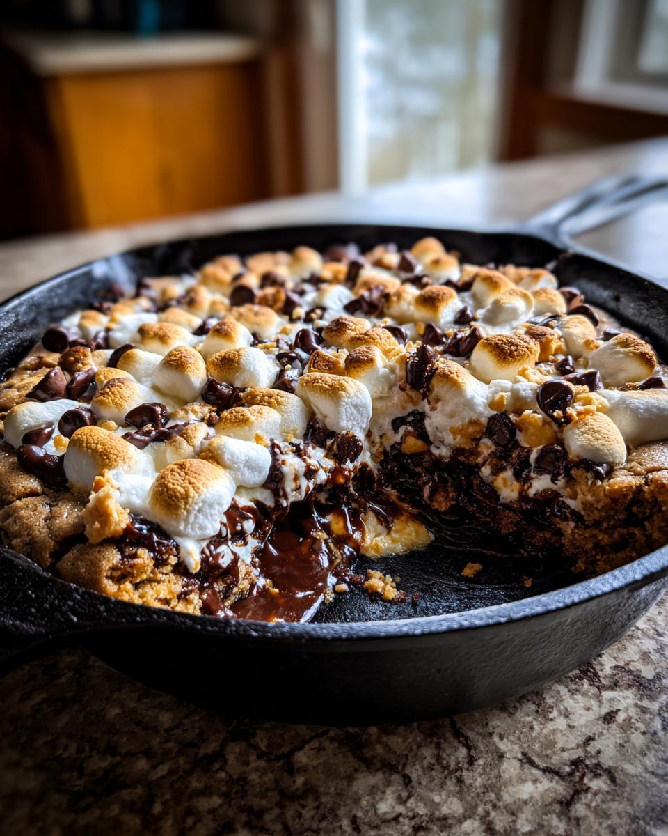 A section of a gooey skillet s'mores cookie with melted chocolate and toasted marshmallows in a cast iron pan.