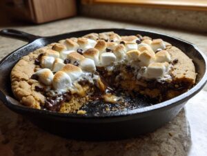 A close-up of a gooey skillet s'mores cookie, featuring melted chocolate and toasted marshmallows.