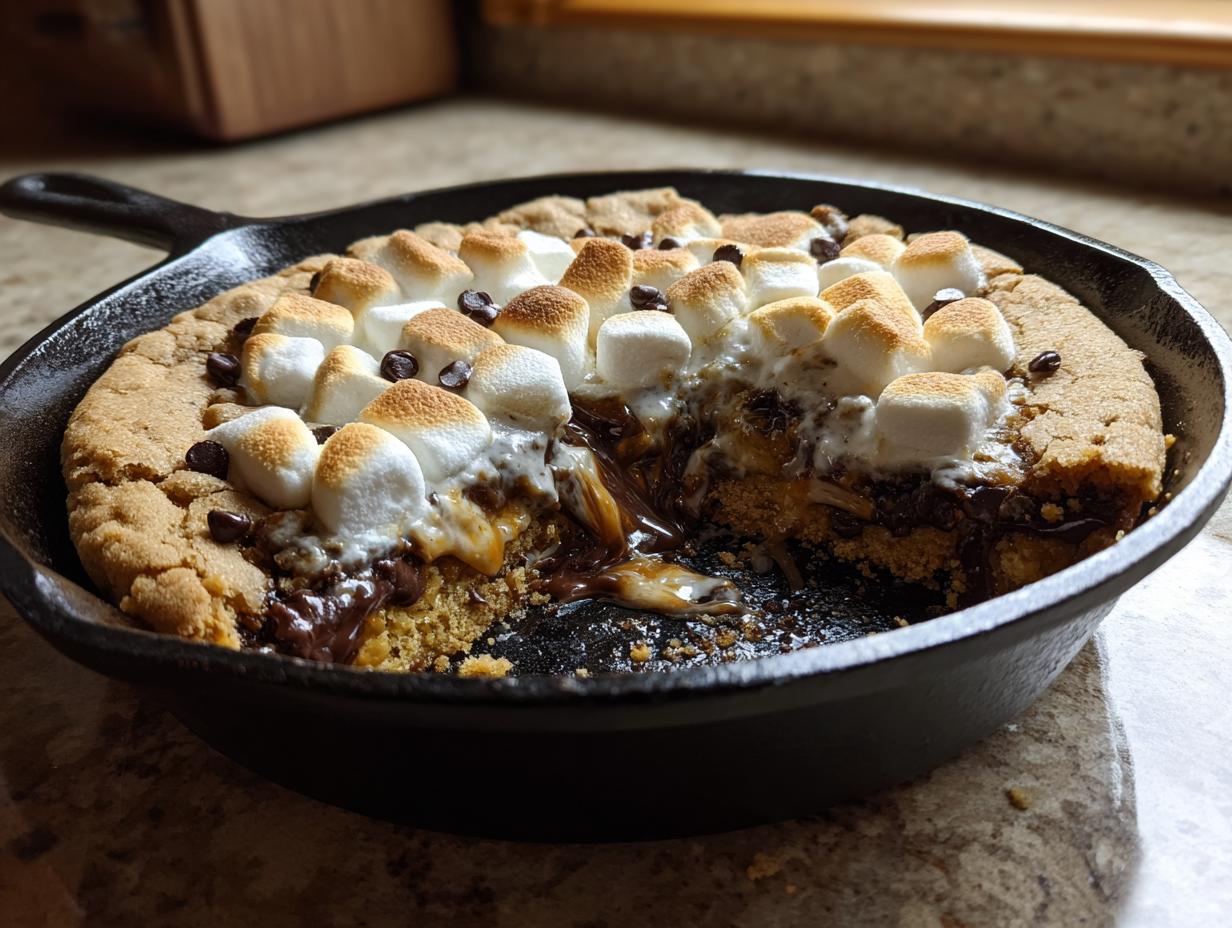 A close-up of a gooey skillet s'mores cookie, featuring melted chocolate and toasted marshmallows.