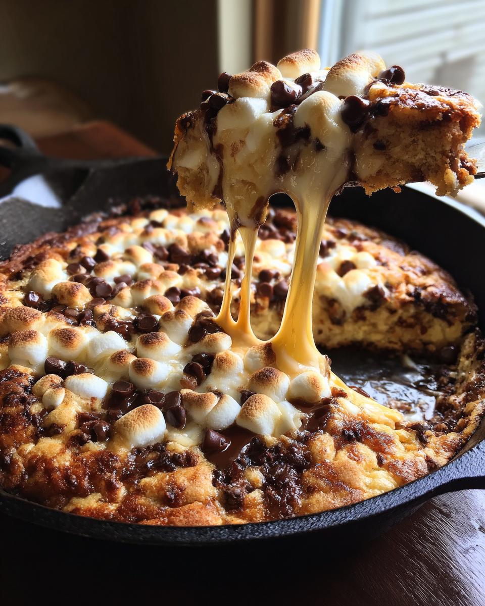 A serving being lifted from a gooey skillet s'mores cookie, showing melted marshmallows and chocolate stretching.