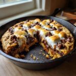 A freshly baked, gooey skillet s'mores cookie topped with toasted marshmallows and melted chocolate chips.
