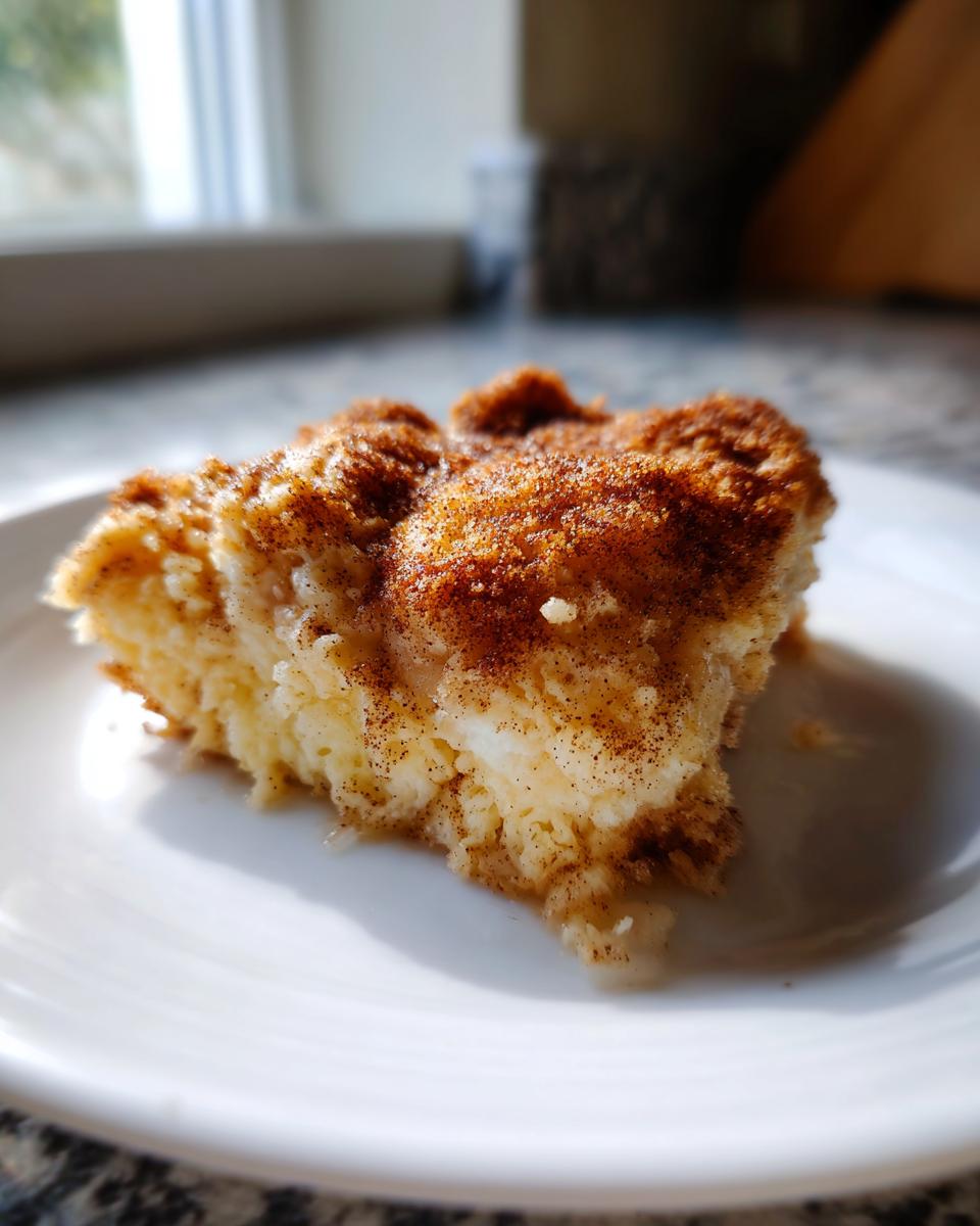 A close-up of a warm, gooey slice of snickerdoodle cobbler topped generously with cinnamon sugar.