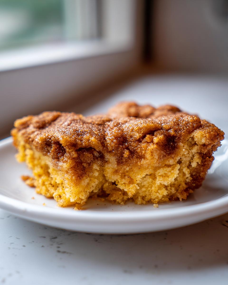 Close-up of a warm, gooey slice of snickerdoodle cobbler with a thick cinnamon-sugar topping on a white plate.
