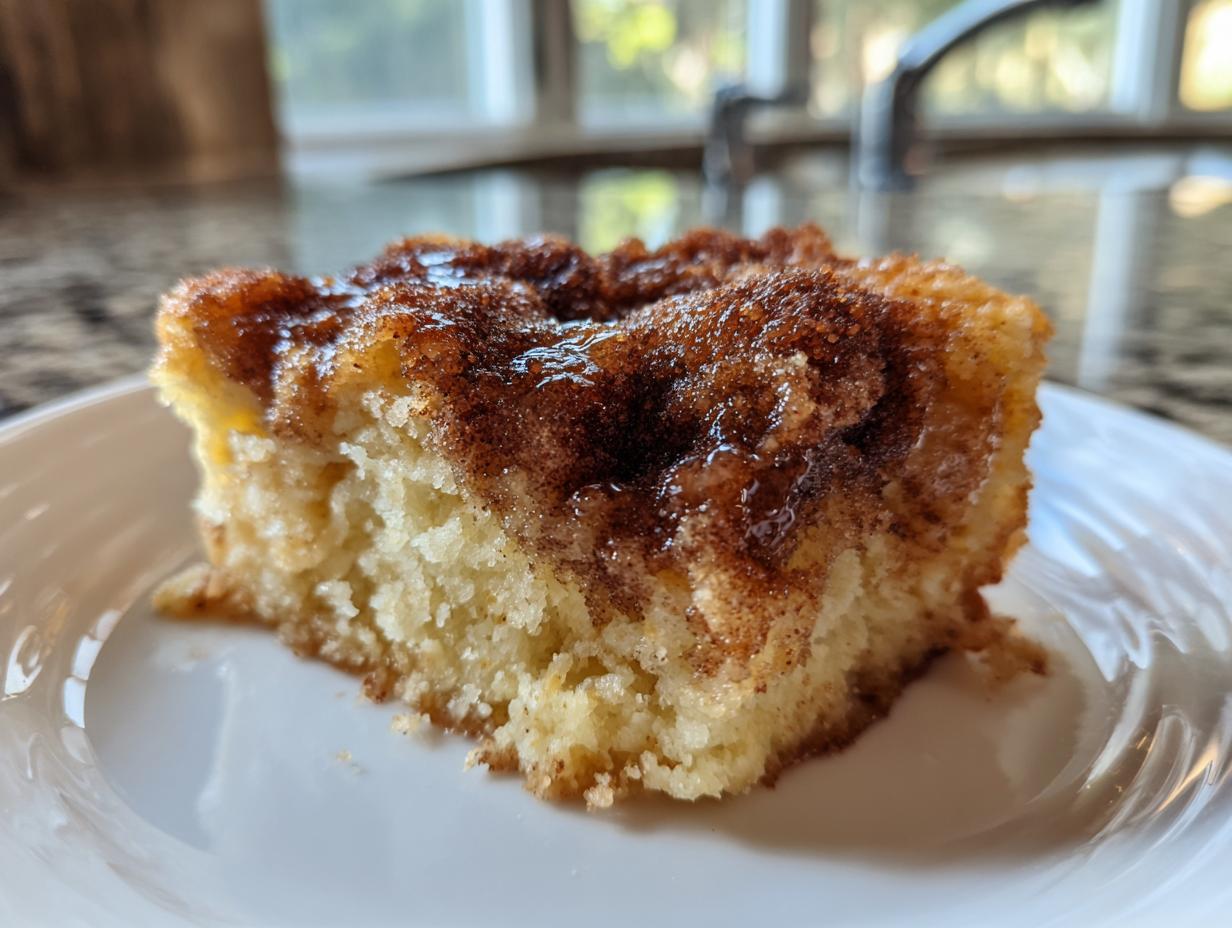 Close-up of a warm slice of snickerdoodle cobbler with a gooey cinnamon-sugar topping on a white plate.