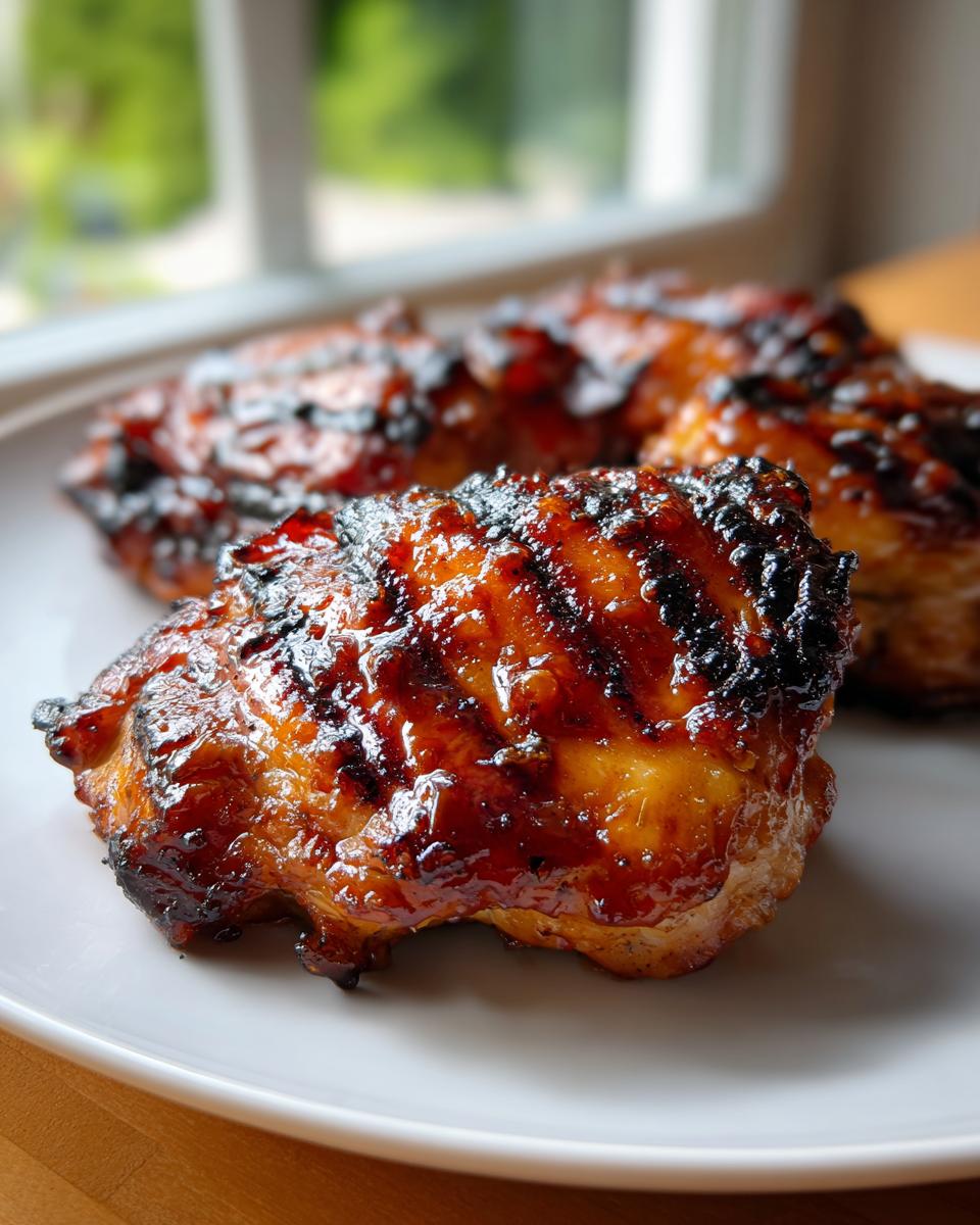 Close-up of sticky, caramelized hawaiian huli huli chicken pieces on a white plate.