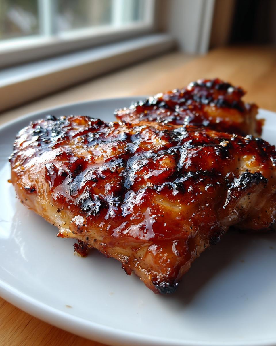 Close-up of two pieces of glistening, caramelized hawaiian huli huli chicken served on a white plate near a window.