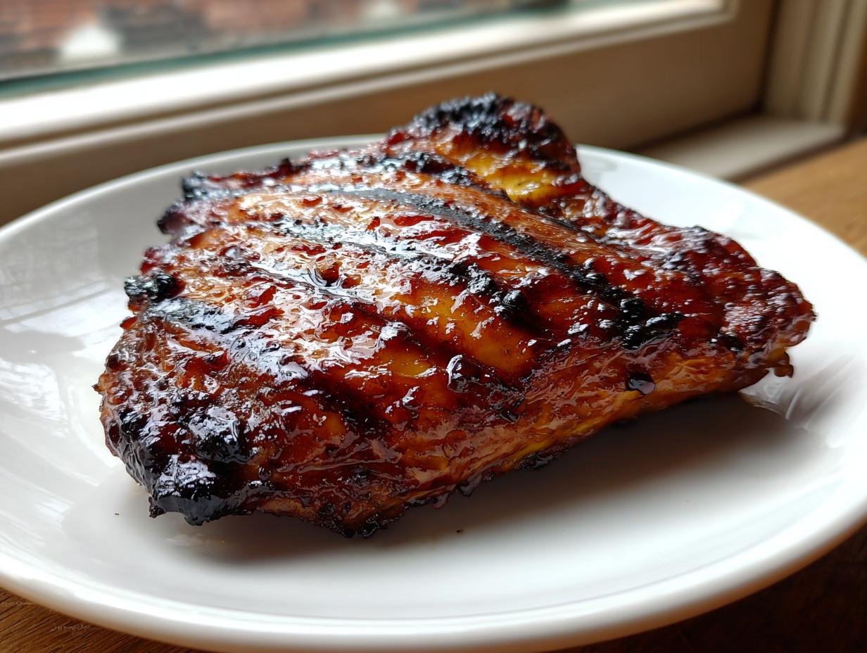 Close-up of a piece of hawaiian huli huli chicken, perfectly grilled and coated in a thick, glossy, dark glaze.