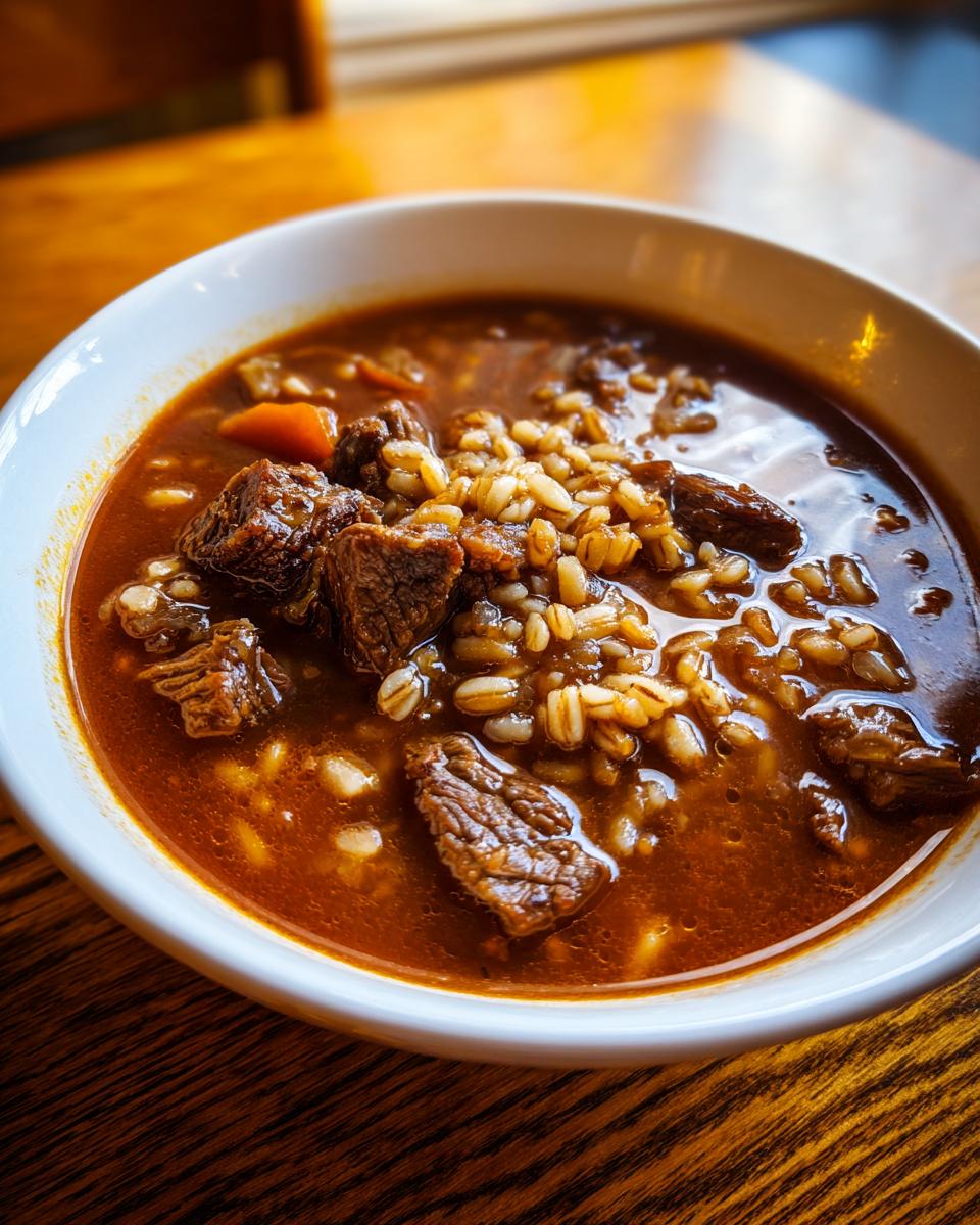 Close-up of a white bowl filled with rich, dark broth beef barley soup, showing chunks of beef and plump barley grains.
