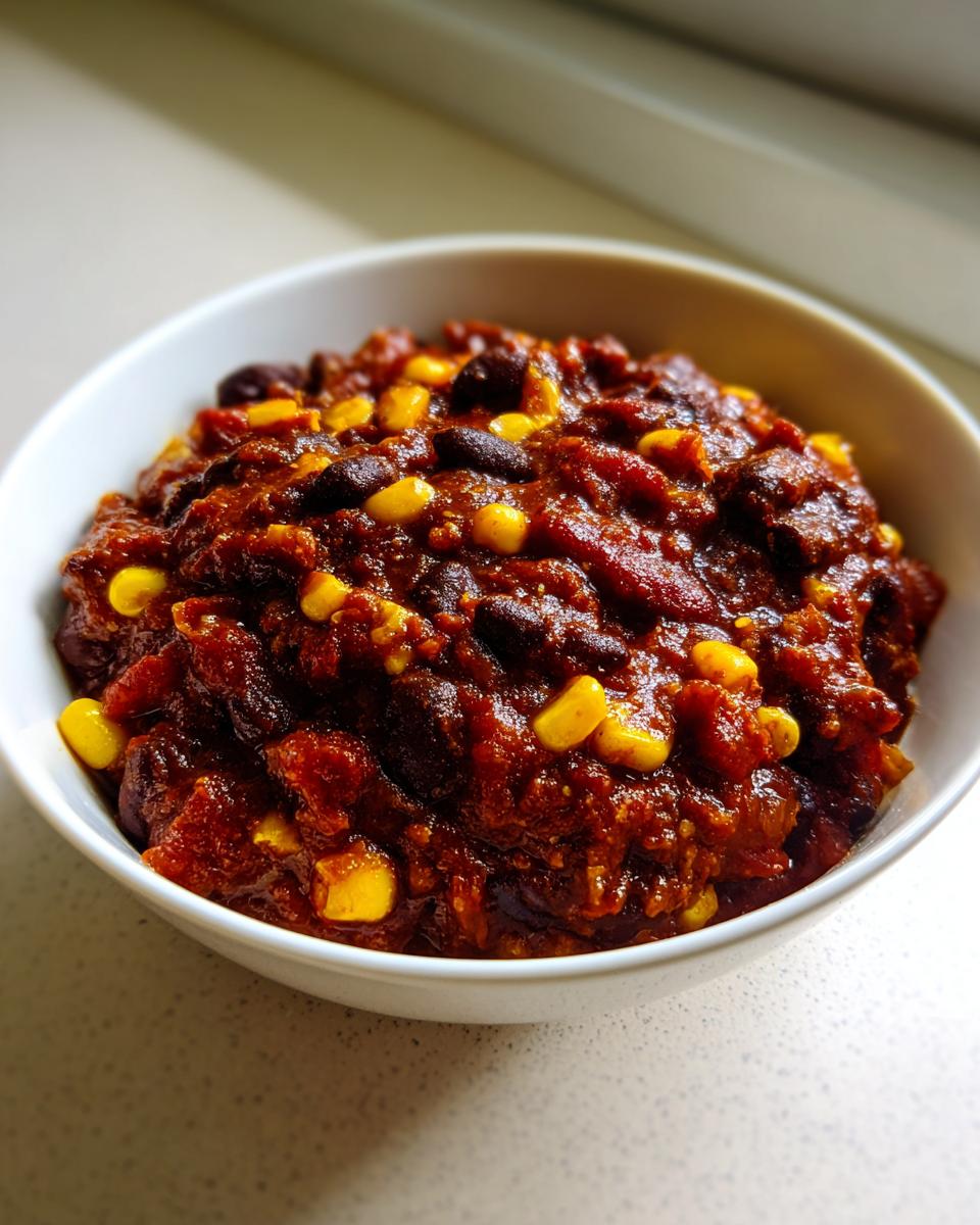 Close-up of a hearty bowl of thick black bean chili mixed with bright yellow corn kernels.