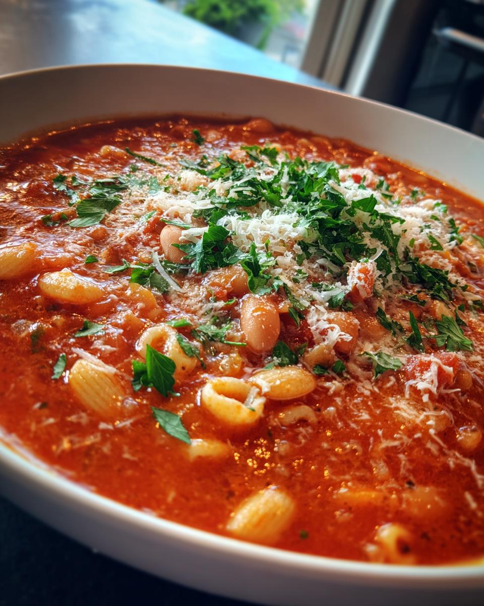 Close-up of a rich, red tomato-based pasta fagioli soup, filled with beans and small pasta, topped with grated Parmesan and fresh parsley.