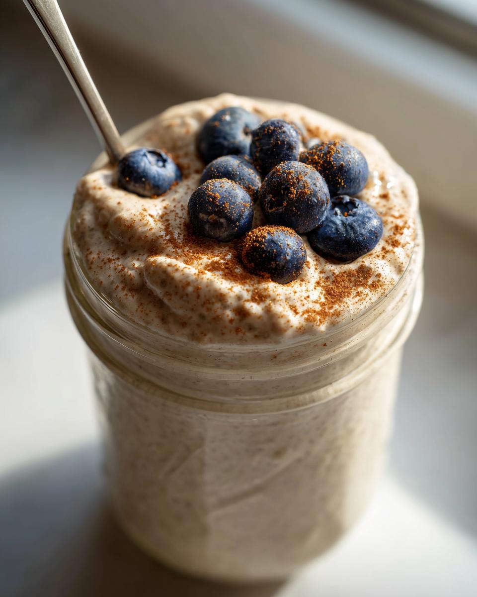 Close-up of high-protein chia pudding in a jar, topped with fresh blueberries and cinnamon.