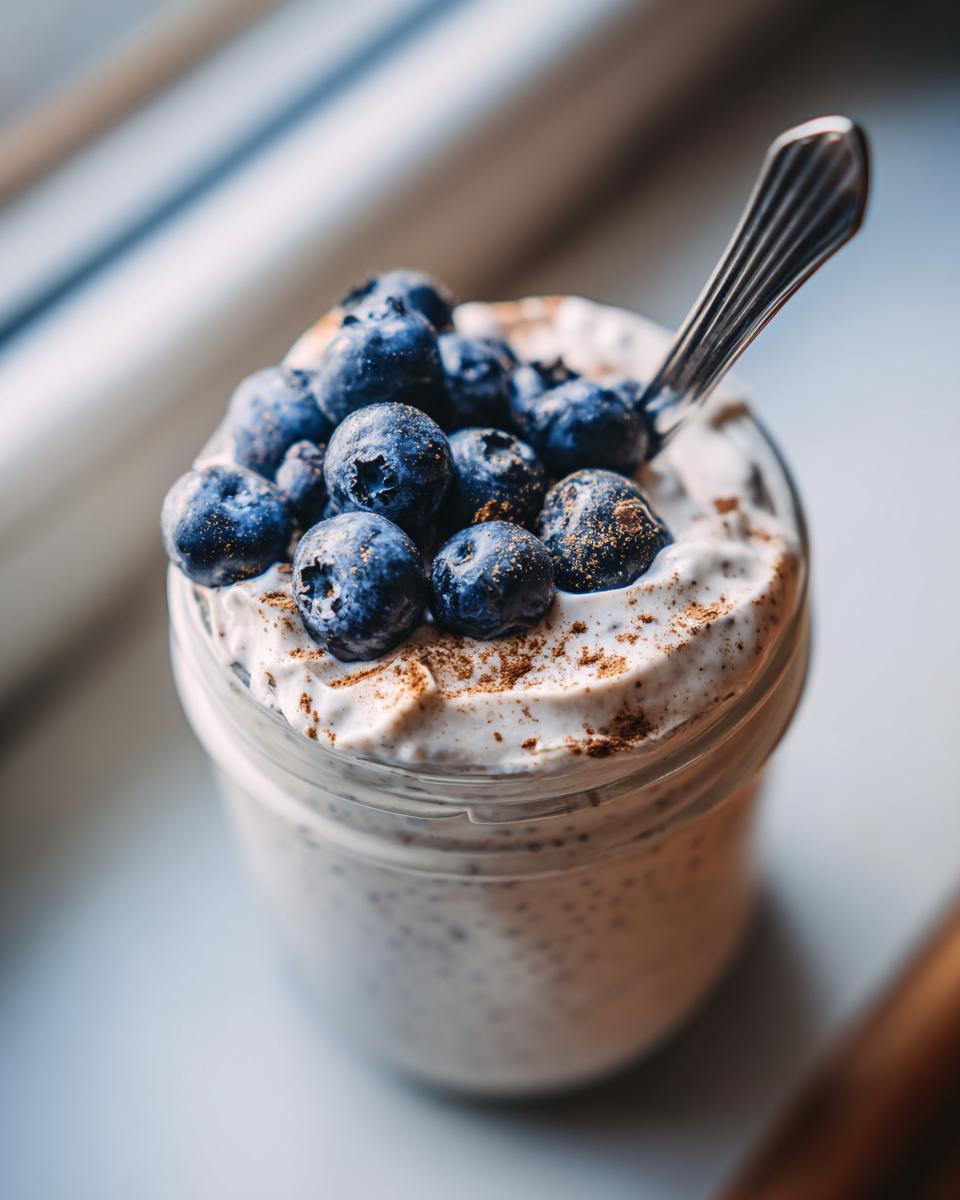 Close-up of high-protein chia pudding topped with fresh blueberries and cinnamon, served in a glass jar with a spoon.