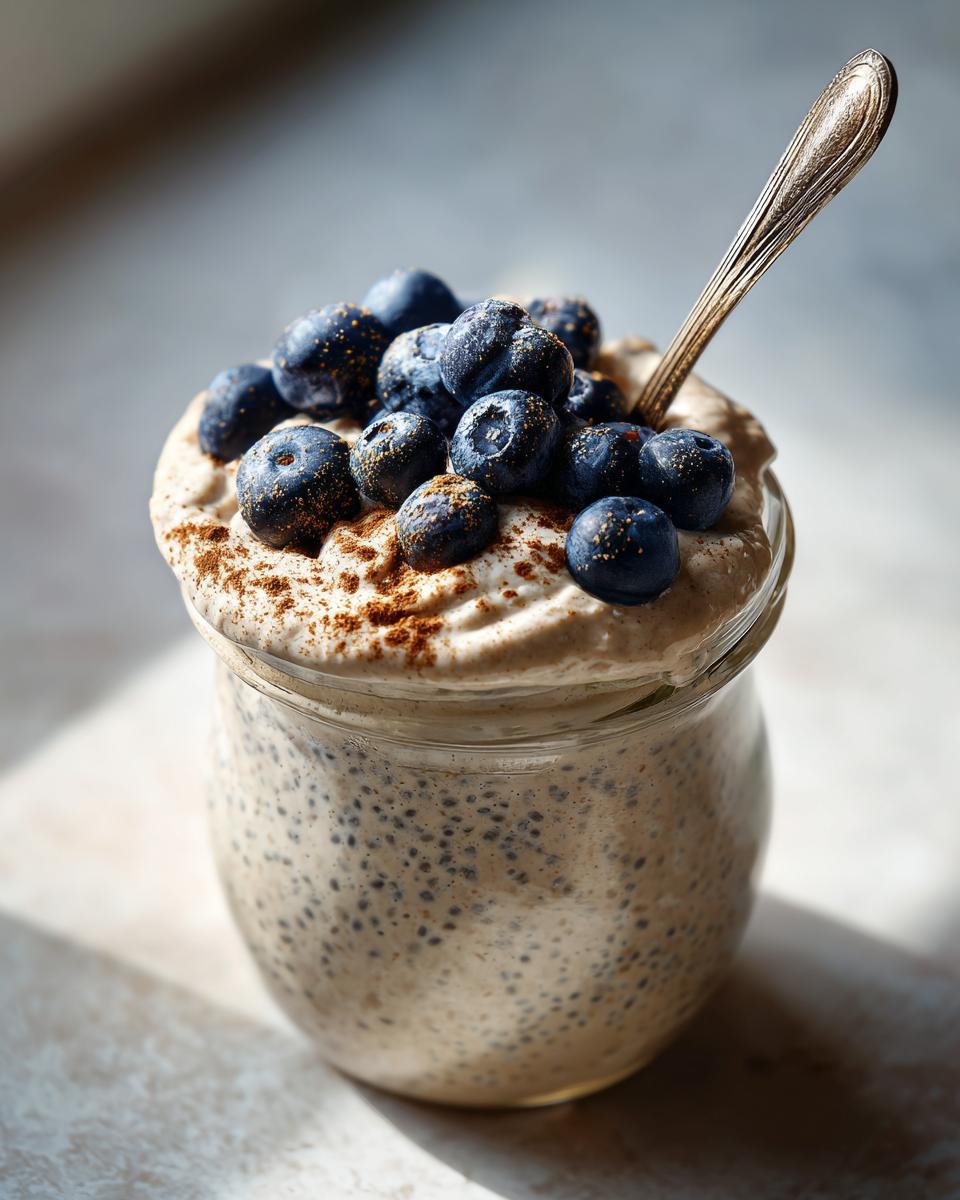 Creamy, high-protein chia pudding topped with fresh blueberries, cinnamon, and a spoon.